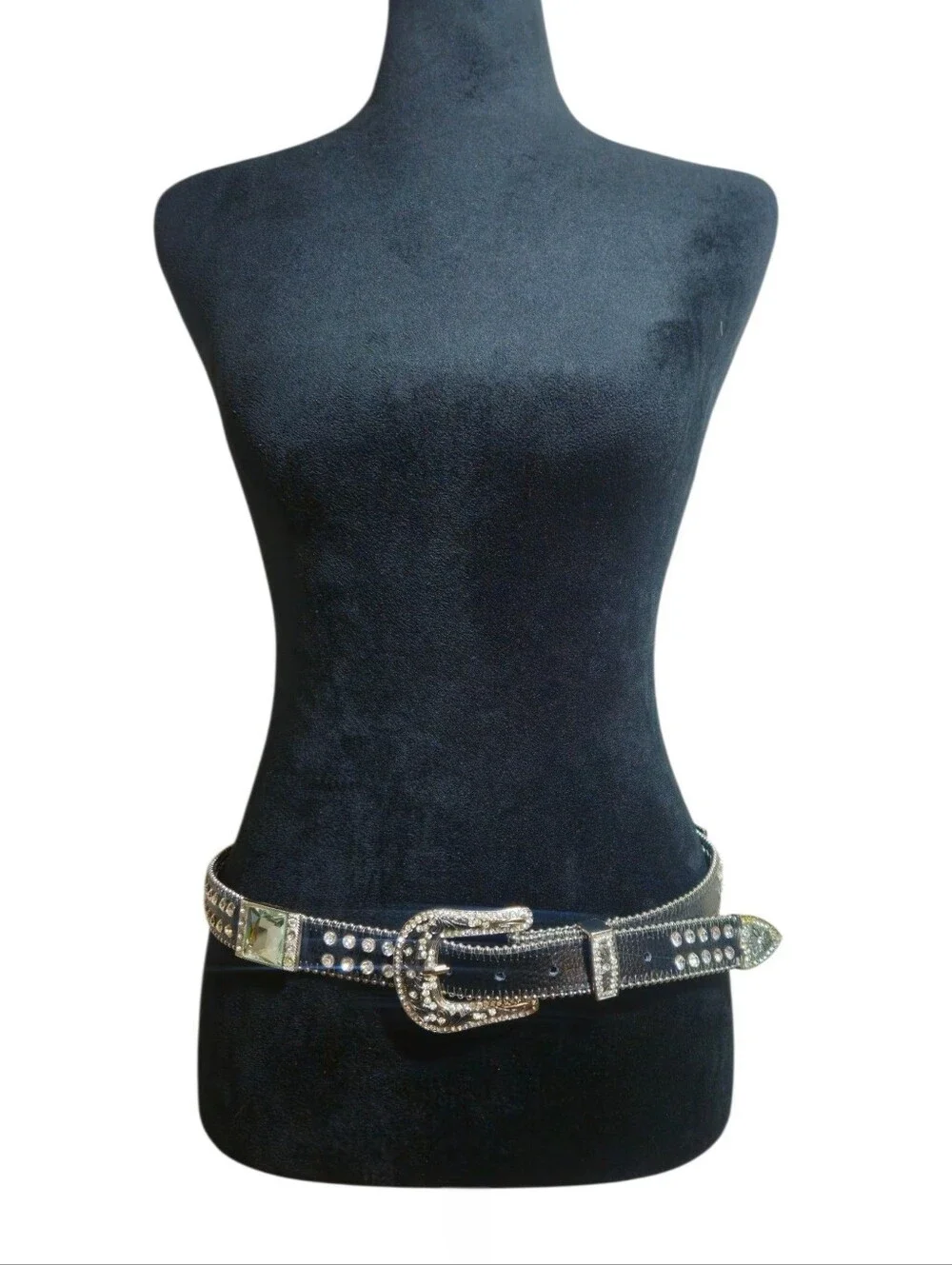 Women's Moto Studded Black& Silver Rhinestone Embellished Faux Leather Belt S/M